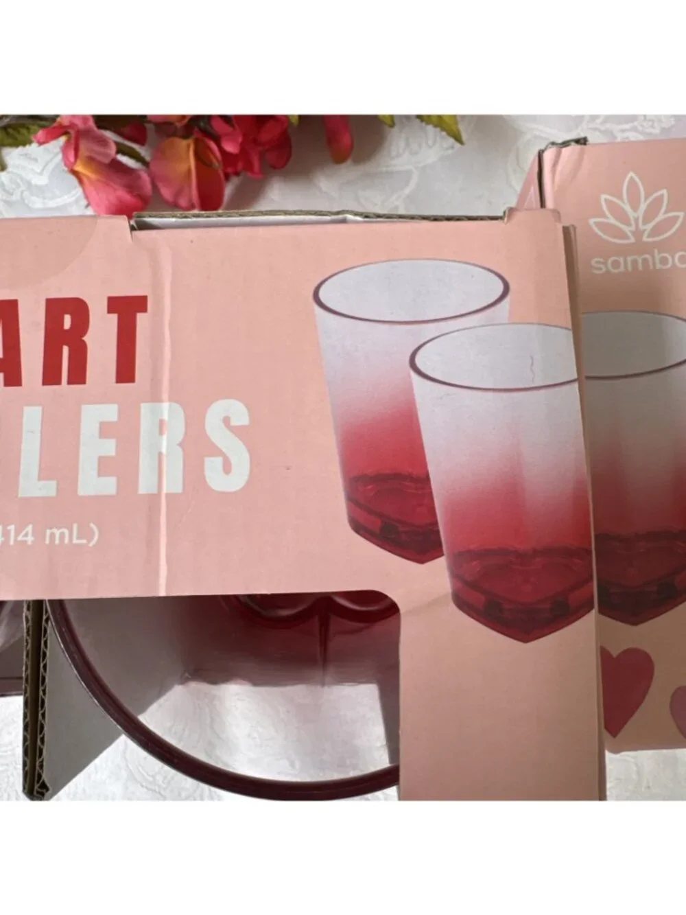 Nordstrom Samba Pink Plastic 14 oz Boxed Heart Shaped Tumbler Cups Set of 4 NEW